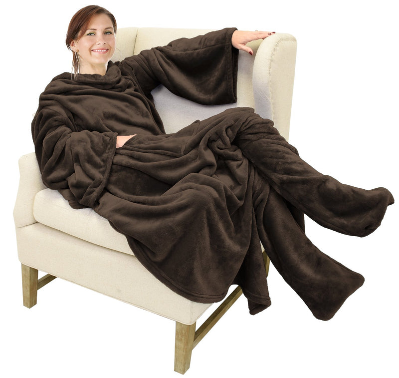 Catalonia Wearable Fleece Blanket with Sleeves and Foot Pockets for Adult Women Men, Micro Plush Comfy Wrap Sleeved Throw Blanket Robe Large, Brown