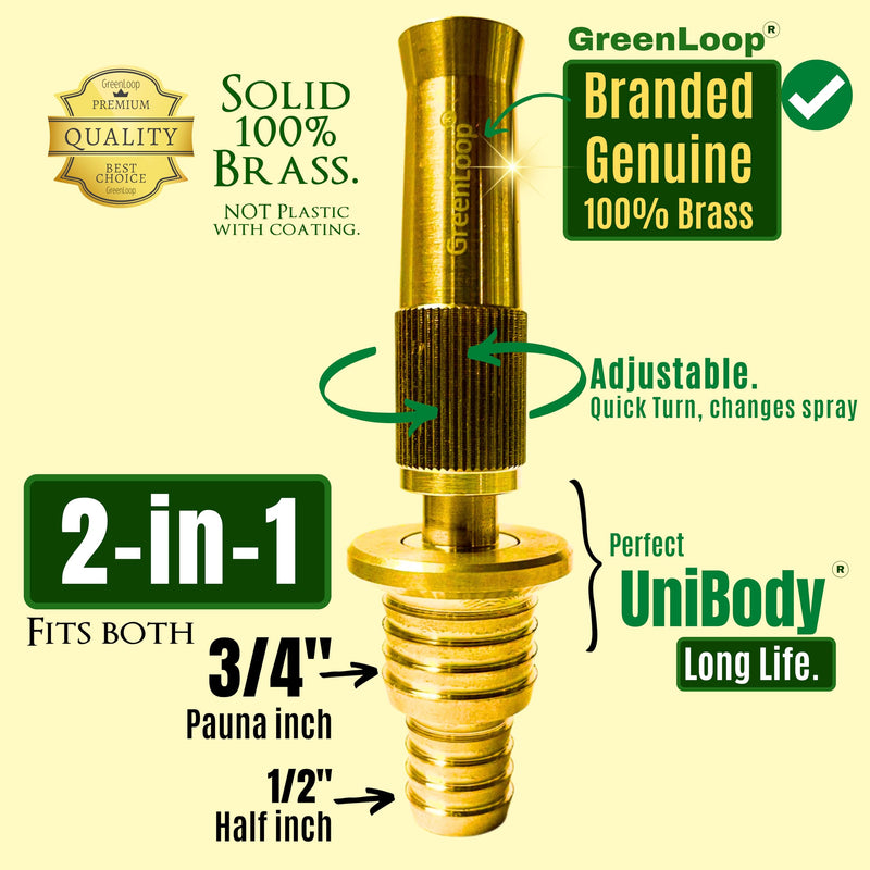 GreenLoop Solid BRASS Water Spray 2-in-1 Nozzle, DUAL PURPOSE, Fits all 3/4" and 1/2" hoses of all thickness, Adjustable Water Jet Spray Gun, High Pressure washing, 2-in-1 Nozzle+Clamps