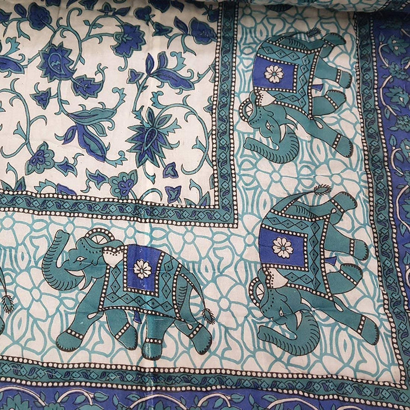 SVT Traditional Famous Jaipuri Beautiful Floral Print in White and Blue Jaipuri Rajai/Razai/Quilt Double/Double Bed Quilt/Comforter/AC Quilt/AC Comforter