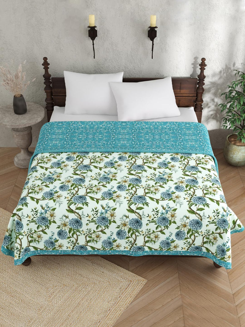 EVER HOME Digital Print Reversible AC Dohar Double Bed Cotton for Summer 120 GSM, Mild Winter Blanket, Blue & Green Floral 88 x 100 inches