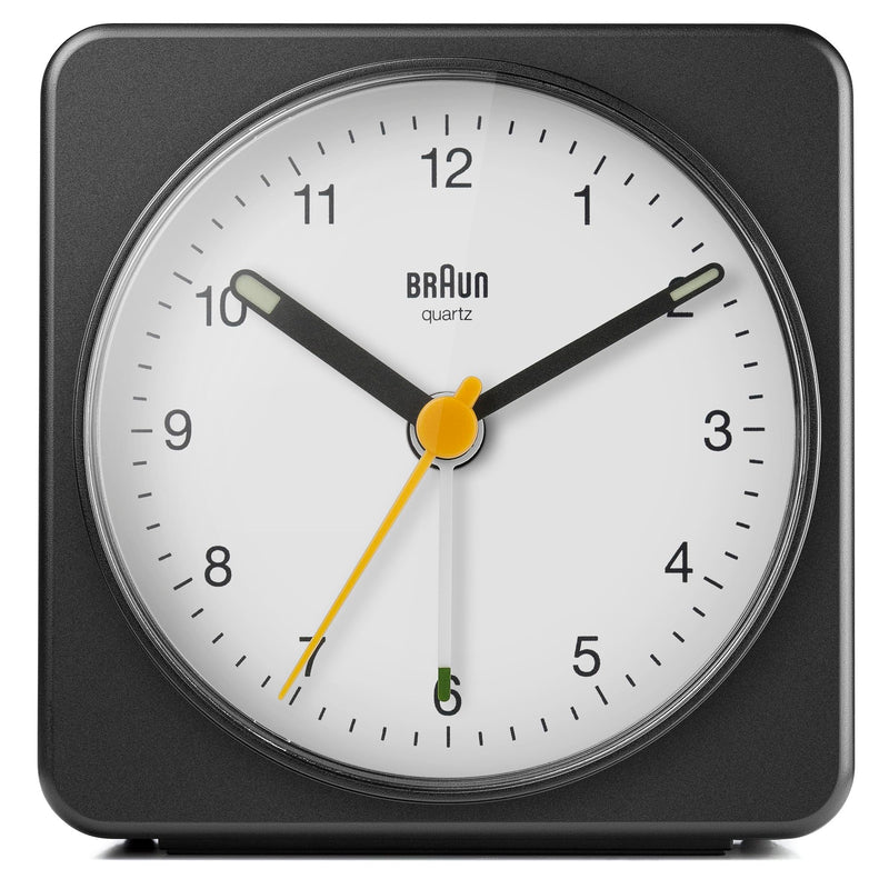 Braun Classic Analogue Alarm Clock with Snooze and Light, Quiet Quartz Sweeping Movement, Crescendo Beep Alarm in Black and White, Model BC03BW.