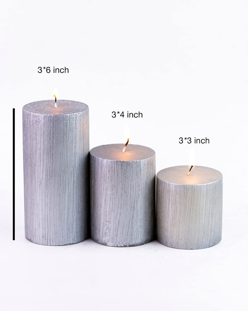 AuraDecor Unscented Pillar Candle Set of 3 (3inch*3inch, 3inch*4inch, 3inch*6inch) || Unscented Candle || Long Burning || Gift Set || Set of 3 Candle || Pillar Candle. (Silver)