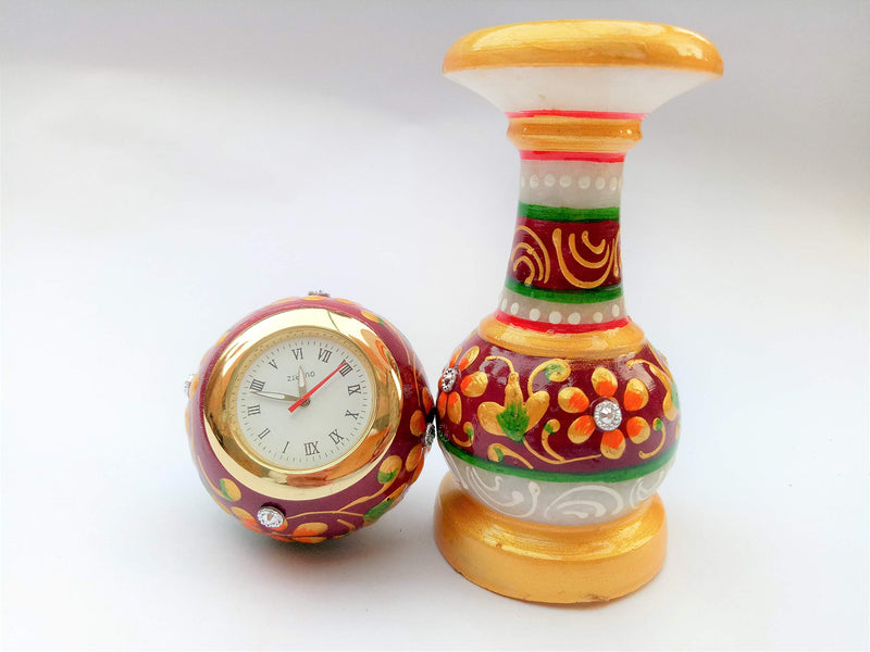 Pooja Creation Marble Decorative showpiece Pillar Clock for Table and Desk - 6 inch