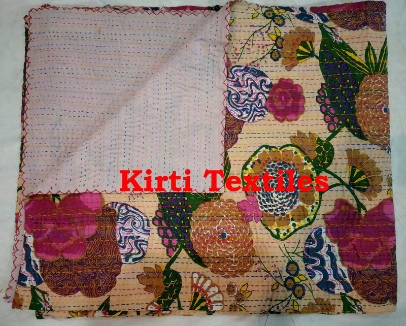 Kirti Textile and Handicraft Cotton Handmade Jaipuri Kantha Quilt Patchwork Bedding Throw Bed Cover (60x90 Inch, Multicolour)