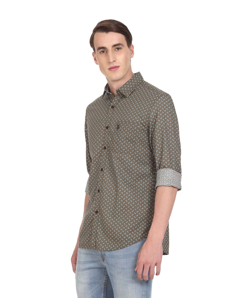 U.S. POLO ASSN. Men's Printed Slim Fit Shirt (UDSHT0427_Ochre L)