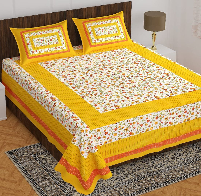 BedZone Cotton Rajasthani Jaipuri Traditional Floral King Size Double Bed Bedsheet with 2 Pillow Covers (Yellow)