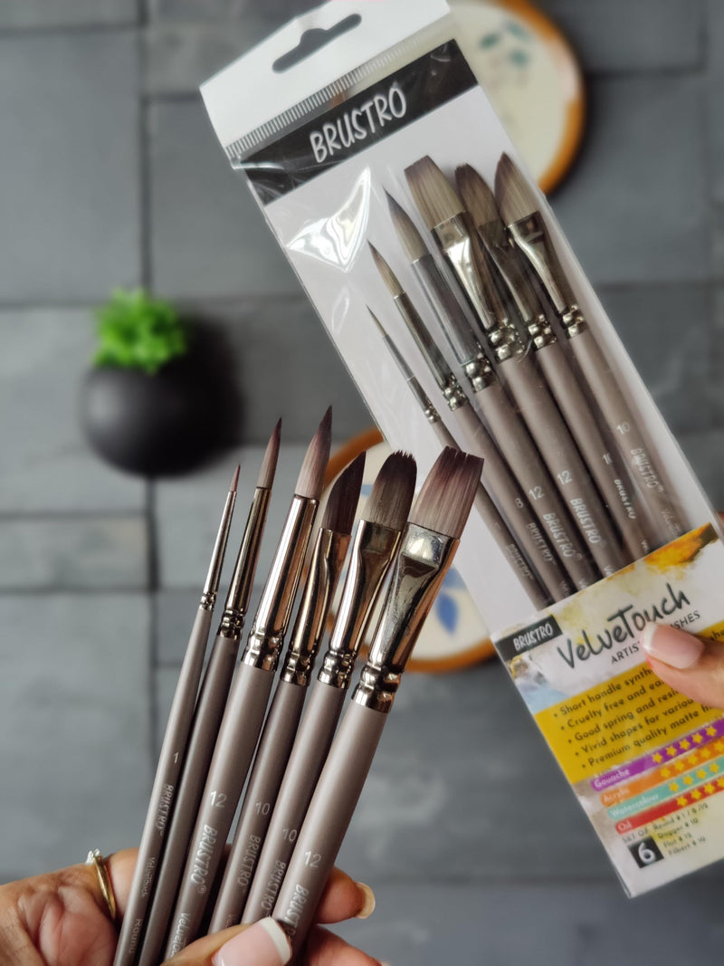 Brustro VelveTouch Artist Brushes for Gouache, Acrylics, Watercolor, and Oil. Brush Set of 6