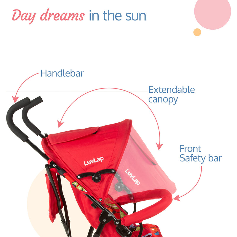 LuvLap Tutti Fruti Baby Stroller/Buggy, Compact & Travel Friendly Baby pram, for Baby & Kids, 6-36 Months, with 5 Point Safety Harness, Adjustable seat Recline, 15Kg Capacity (Red)