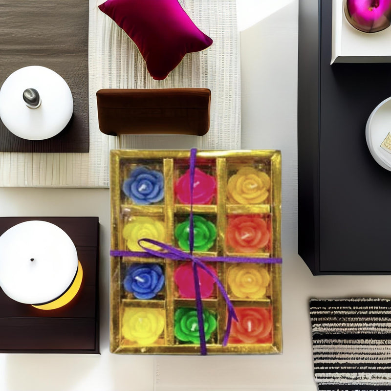 The Decor Affair 12-Piece Multicolour Rose Flower Wax Floating Candles - Unique Diwali & New Year Home Decor Gift - Long-Lasting Water Flower Shaped Diyas/Candles.