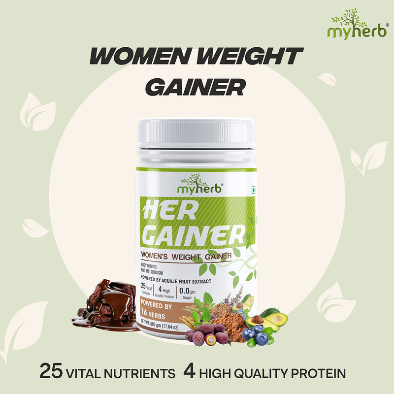 MYHERB Women’s Weight Gainer,Her Gainer With 16 Herbs,4 High Qaulity Protien,For Weight Gainer With Mass Gainer And Muscle Growth For Women Chocolate Flavour (500 Gm)