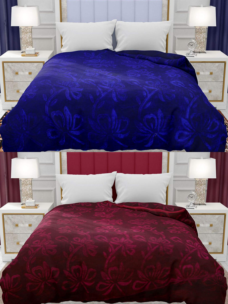 SPANGLE Microfiber Warm Soft Luxurios Blue and Wine 400 GSM Double Blanket Set of 2