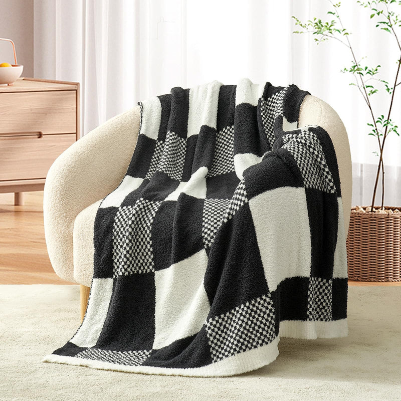 Snuggle Sac Checkered Blanket, Black Throw Blanket for Couch Plaid Microfiber Fluffy Warm Fuzzy Cozy Soft Throw Blanket Reversible Checkerered Blankets for Sofa, Chair, Bed, 50x60 inches