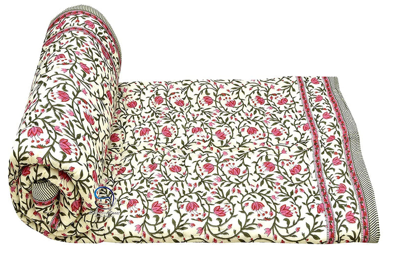 WORLDNEX 400 TC Pure Cotton Double Bed Soft Jaipuri AC Quilt/Razai/Rajai Floral Print,Jaipuri razai Double Bed for Winter Printed,(Pink & Green, 85 x 100 inch, Double Bed)