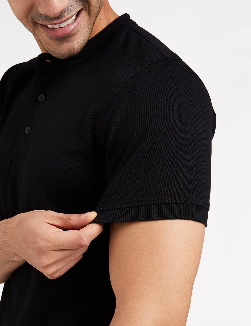 Amazon Brand - Symbol Men's Cotton Rich Polo T Shirt | Mandarin Collar Tshirts | Half Sleeves | Plain - Regular Fit (Jet Black_L)