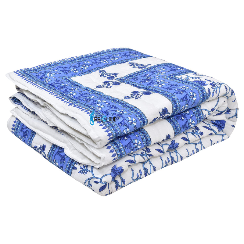 Woodsy Jaipuri Razai Rajasthani Traditional Blue Floral Print Reversible Single Bed Soft Light Weight Pure Cotton Winter and Summer Rajai Ac Quilt Razai/Rajai/Quilt/Blanket/Dohar/Comforter Twin Size