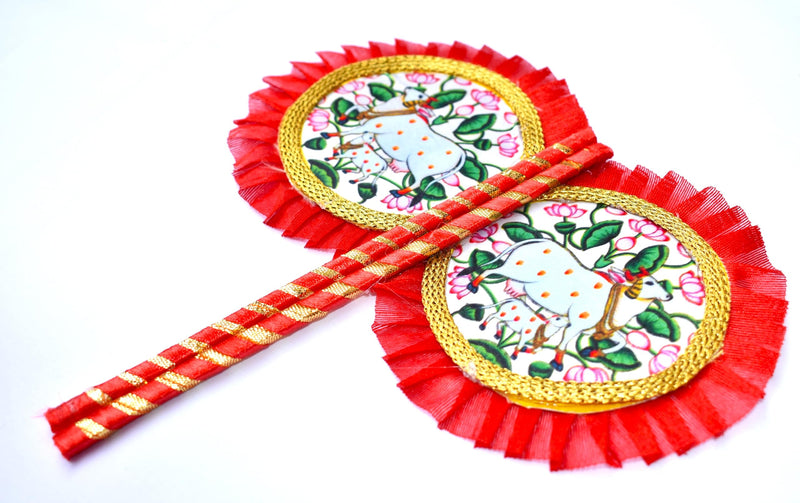 Laddu Gopal kanha ji Hand Fan (Pankha) with Cow Design,Handmade Cloth Fan,Also suitable for all gods Lord vishnu ji,Ganesh ji,Kanha ji,Lord shiva etc. (Red)