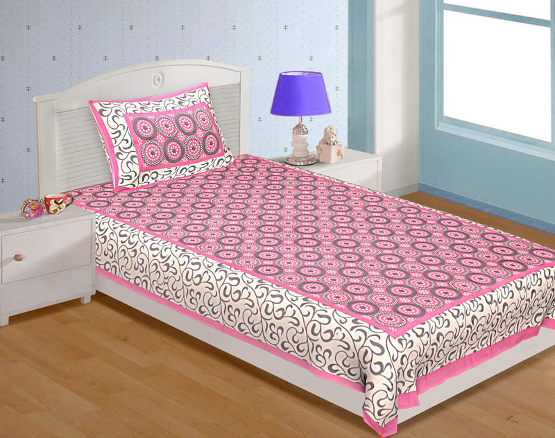 BedZone 180 TC Cotton Rajasthani Jaipuri Traditional Single Bed Sheet with One Pillow Cover - Pink