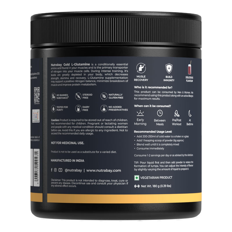 Nutrabay Gold L-Glutamine Supplement Powder - 180g, Cola Flavor | Post Workout Amino Acid for Muscle Growth & Recovery