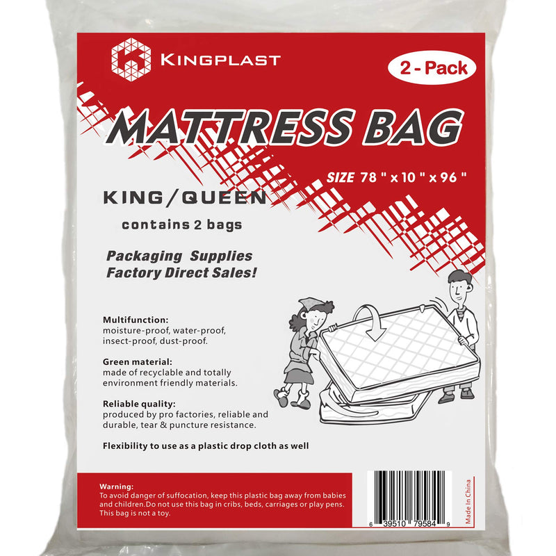 K KINGPLAST 2 Pack King/Queen Plastic Mattress Case 78" x 10" x 96" Clear Plastic Disposal Mattress Storage Bag Cover for Waterproof and dustproof