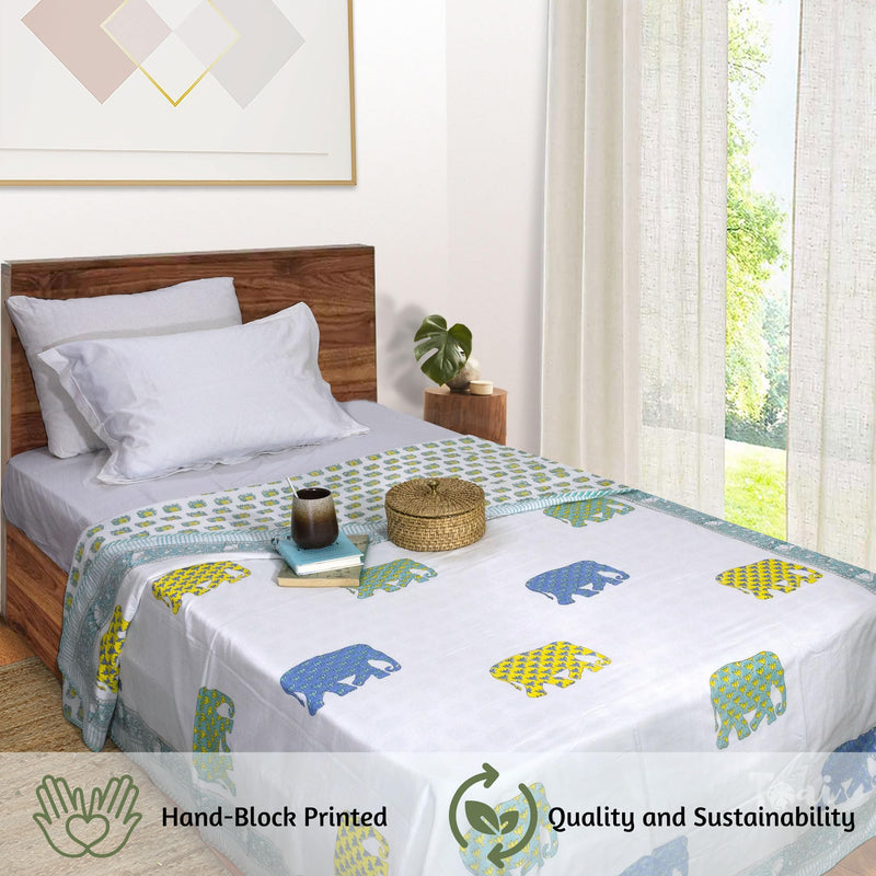 TOAIArt Jaipuri Dohar Quilt for Summer Hand Block Printed 3 Layers Reversible 100% Mulmul Cotton Flannel Filling Single Size 60” X 90” Elephant (White Blue Green Yellow)