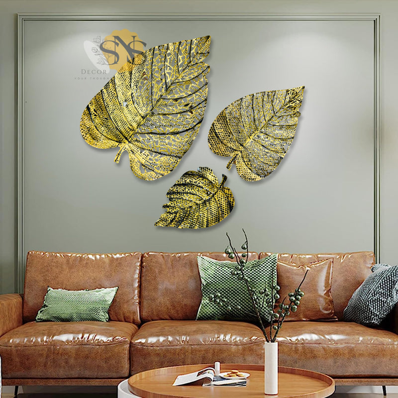 SNS Decor Metal Leaf (Set of 3) Brass Antique Finish Wall Art Decorations | Perfect 3D Wall Sculpture for Living Room, Bedroom, Drawing Room & Office