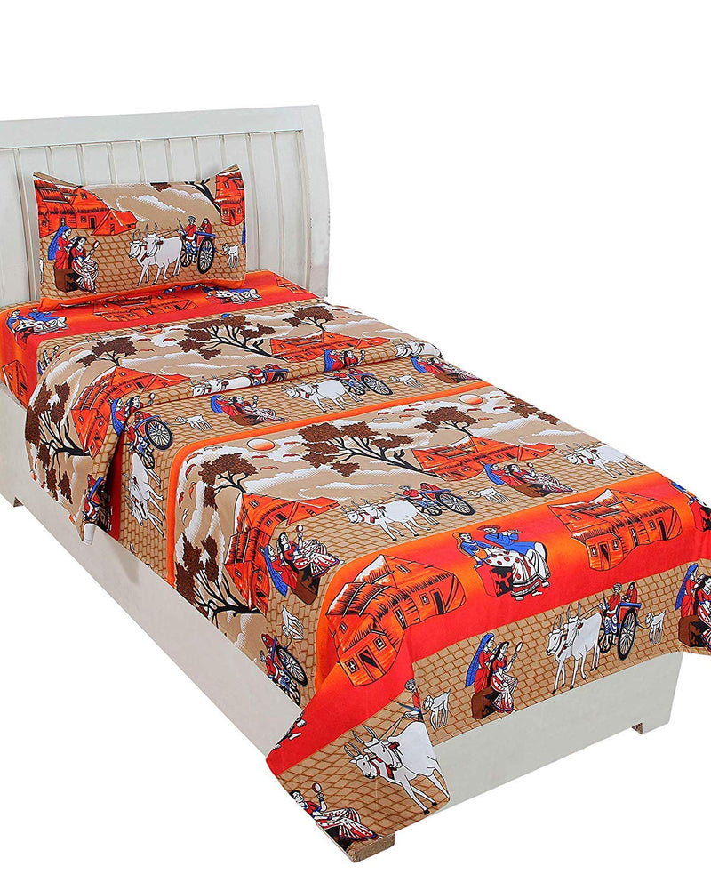 Sky Tex Brown Color Bullock Cart Printed Cotton 120 TC Single Bed Sheet with 1 Pillow Cover