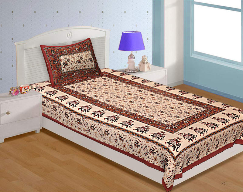 BedZone Cotton 180 TC Comfort Rajasthani Jaipuri Traditional Single Bed Sheet with 1 Pillow Cover (Multi_RE_01)