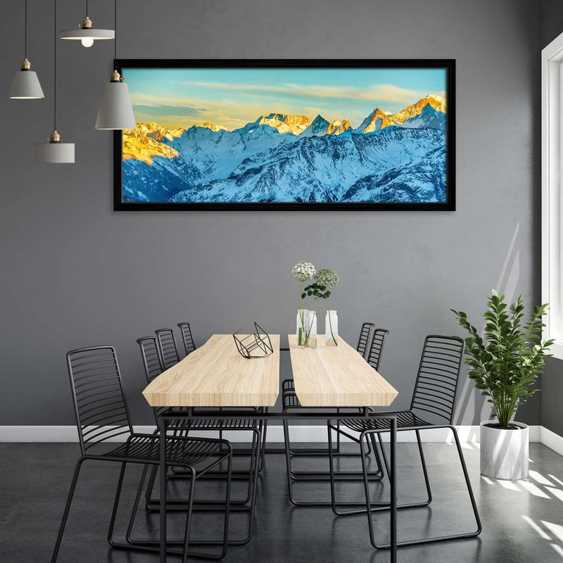 ArtzFolio High Mountains Peaks At Sunset | Canvas Painting for Bedroom & Living Room | Black Frame | 27.6 x 12 inch (70 x 30 cms)