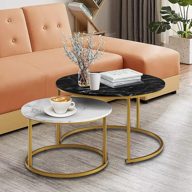 Zareen Mart Marble Nesting Golden Coffee Table 22In Large Set of 2, Metal Frame Circular and Round Wooden Tables 22in, Living Room Bedroom Apartment Modern Industrial Simple Nightstand