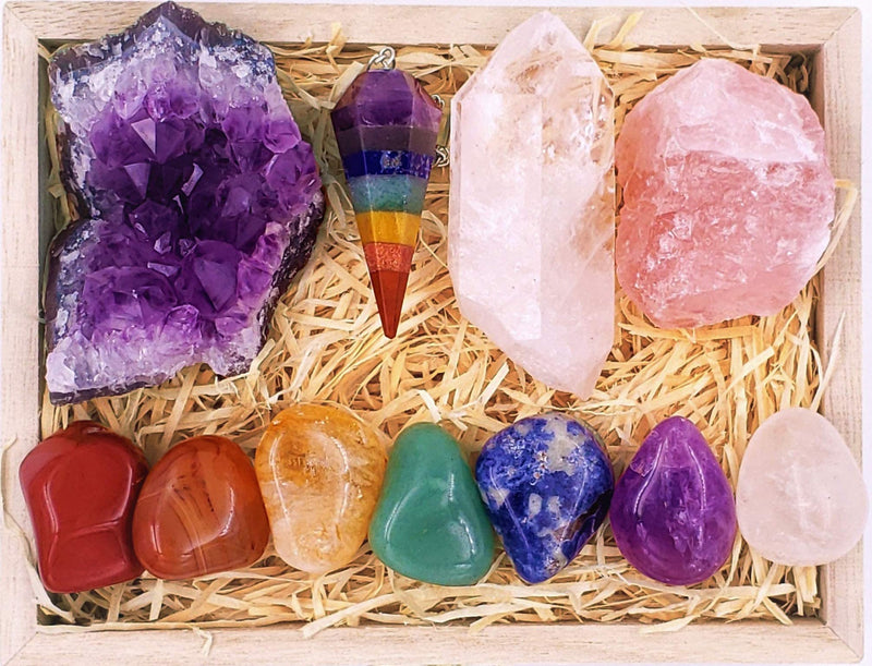 ZATNY Healing Crystals Gift Kit in Wooden Box (7 Chakra Set Tumbled Stones, Rose Quartz, Amethyst Cluster, Crystal Points, Chakra Pendulum, 82 Page E-Book, 20x6 Reference Guide Poster)