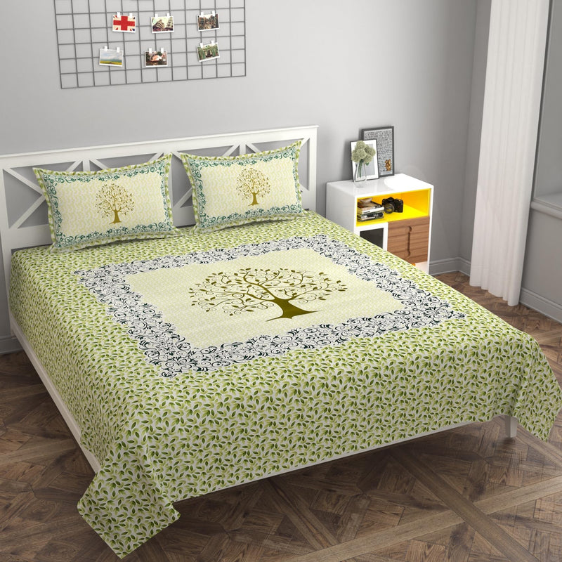 BSB HOME Hand Block Jaipuri Printed 220 TC Cotton Double Bed Bedsheet Handmade Long Lasting Color Fade Resistant Luxurious Flat Sheet (90 x 100 Inches, 230 x 254 Cm, Floral- Green & White)