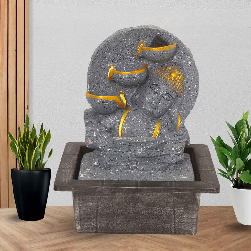 Art N Hub Sleeping Buddha Tabletop Waterfall Fountain Decorative Gift Items for Home and Office Decoration | Home Inauguration Gift Items (21 x 18 x 26 CM | Dotted Grey Golden)