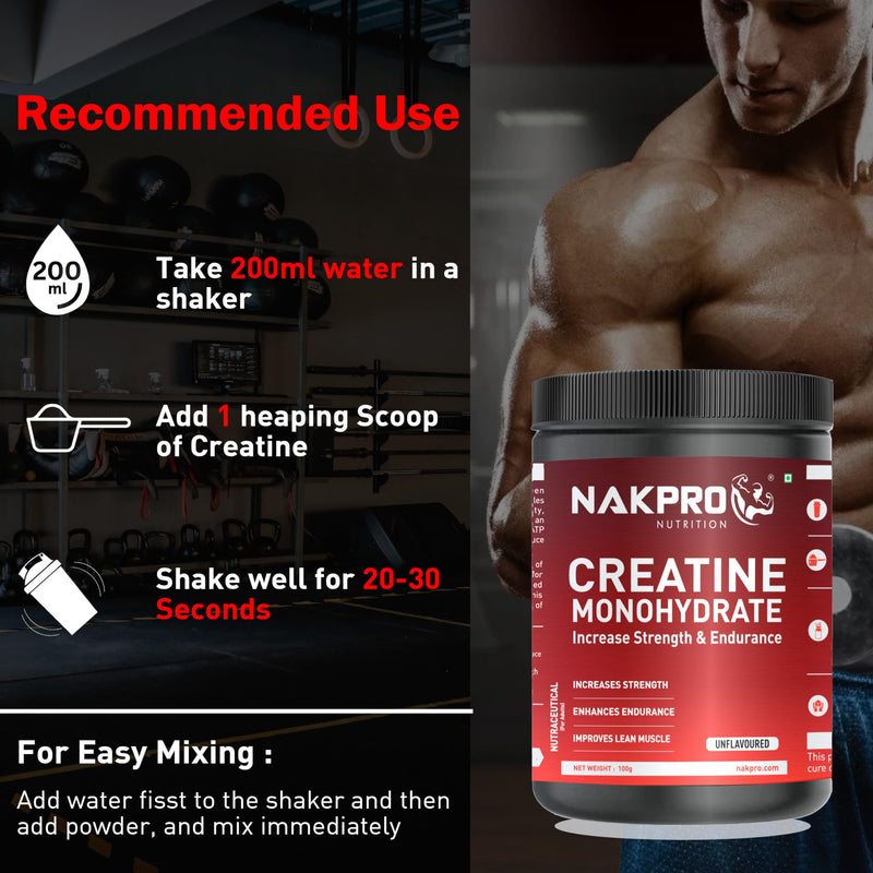 NAKPRO Micronized Creatine Monohydrate - JAR | Highest Grade, Fast Dissolving & Rapidly Absorbing Creatine helps Muscle Endurance & Recovery (100g, Unflavoured)