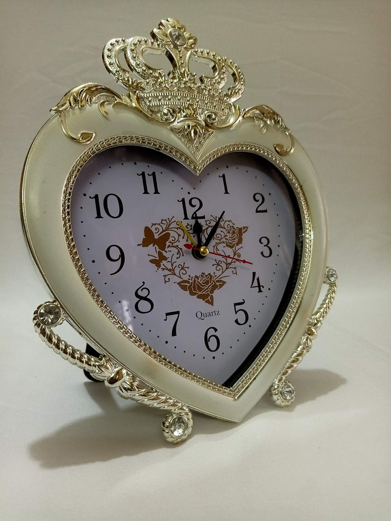 Sri Sainath Enterprises Heart Shape / Crown Design Table Clock / Silver Colour Table Clock with ALARAM / Size:- 9 in Height, 7 in Width.