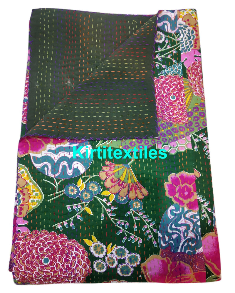 Kirti Textile and Handicraft Cotton Handmade Floral Kantha Quilt Bedspread Bed Cover Queen Size Blanket Throw (Multicolour)