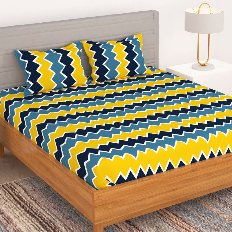 BEDSPUN-Microfiber Bedsheet for Double Beds with 150 TC, Double - Queen Size Bedsheet & 2 Pillow Covers (Chevron, Blue and Yellow)