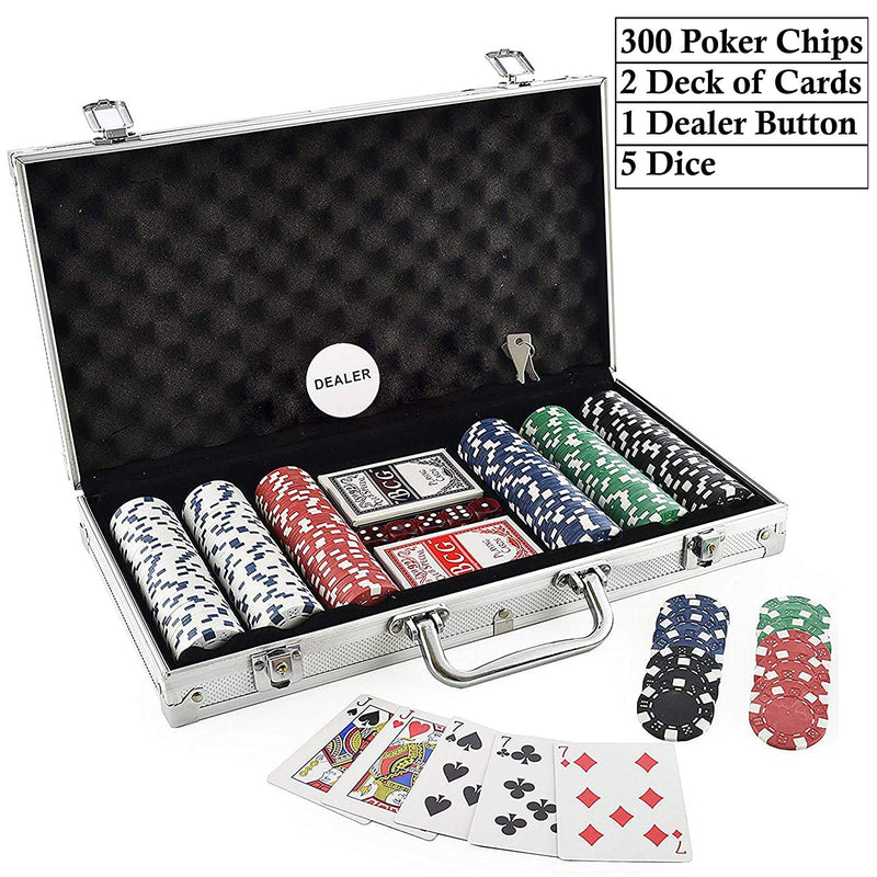 WISHKEY for Adult Casino Style Poker Chips Set with A Aluminum Finish Case, 2 Decks of Cards, 5 Dice, 1 Dealer Button (Classic Multiplayer Game) 300 Pcs