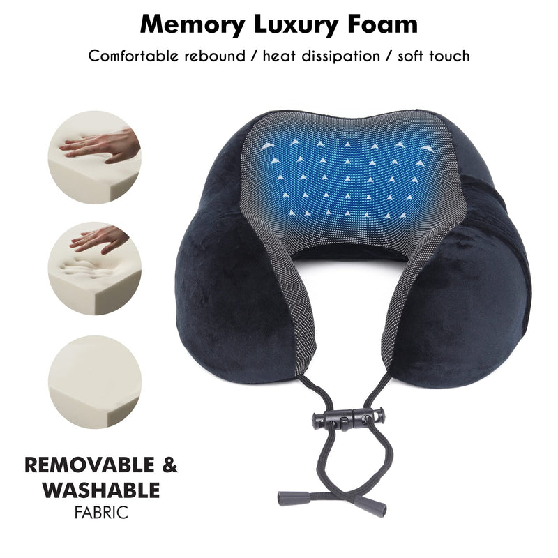 FUR JADEN Memory Foam Luxury Travel Neck Support Rest Pillow Eye Mask, Noise Isolating Ear Plugs Portable Combo (Black)