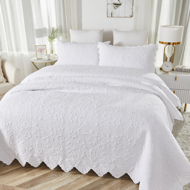 Brandream White Quilt Set King Size Quilt Bedding Set Cotton Luxury Matelasse Coverlet Set Farmhouse Bedding Set Scalloped Queen Bedspreads 3-Piece