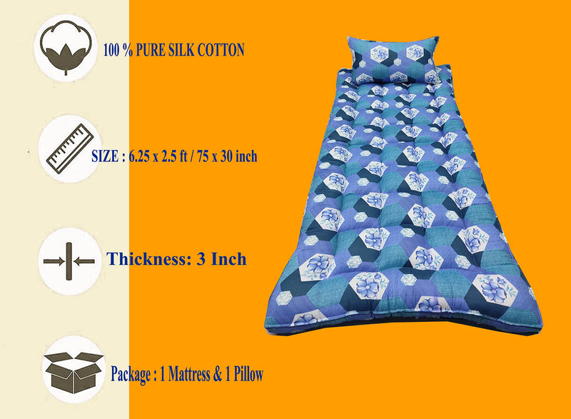 Ozone Mattress Organic Kapok Silk Cotton Ilavam Panju Foldable Hostel Bed Mattress,6.25 x 2.5 ft / 75 x 30 x 3 inch,Multicolour.