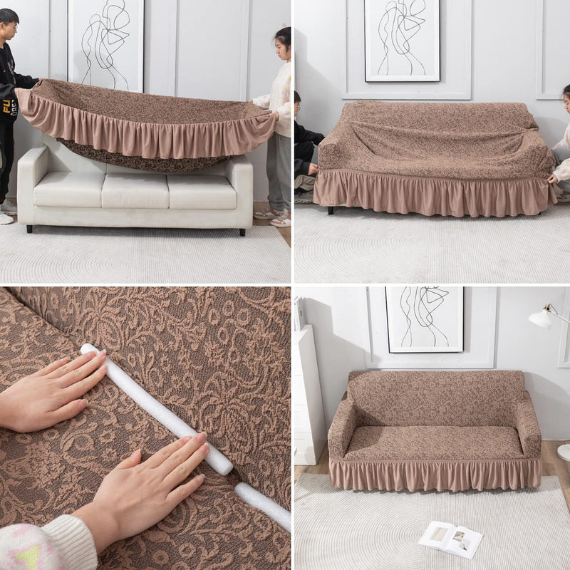 HOKIPO Woven Jacquard Elastic Stretchable Triple Seater Sofa Cover with Ruffle Skirt (AR-4648-J3)( Light Taupe)