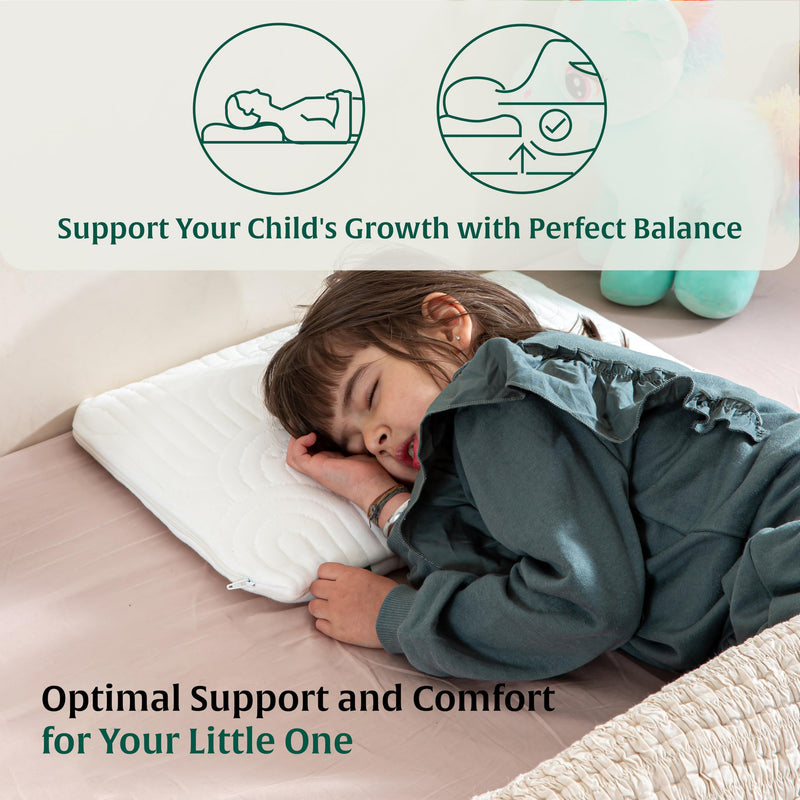 The White Willow Memory Foam Junior Size Ultra Thin Neck Support Sleeping Bed Pillow for Kids with Soft Removable Washable Outer Zip Cover-(18" x 12" x 1.5"), White