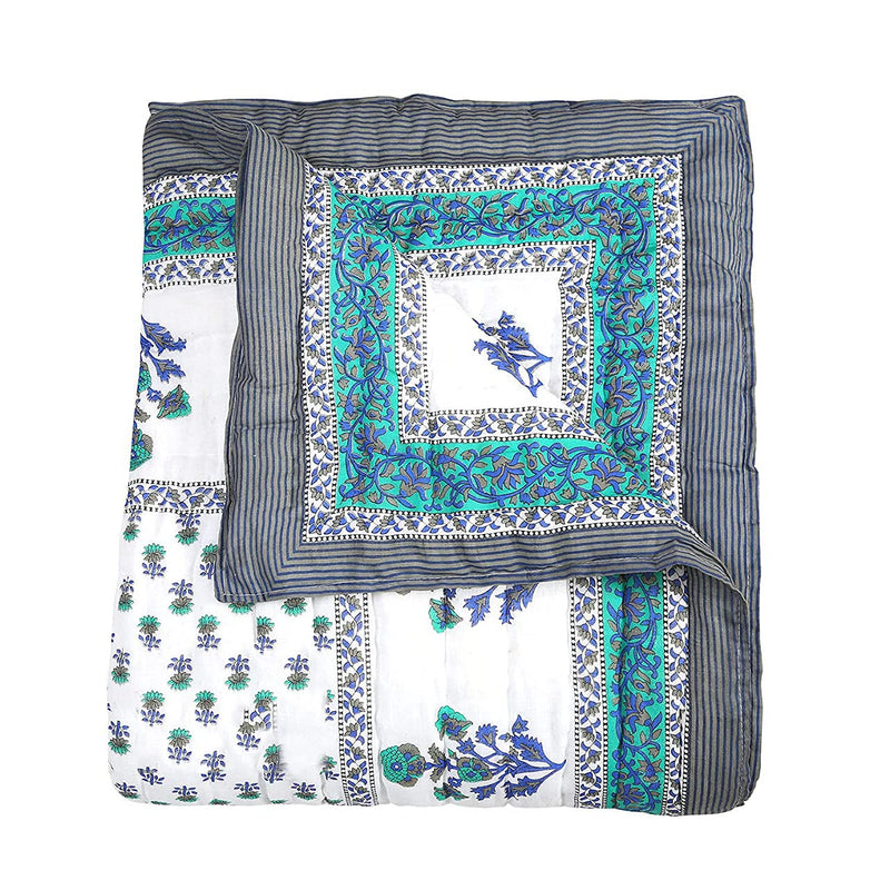 Cure & Care AC Quilt/Razai 2 Jaipuri Razai #Rajasthani#Traditional Single Bed Soft Sanganeri Print Double Light Weight Pure Cotton AC Quilt/Razai White & Blue, Single (55 x 85) (Set of 2)