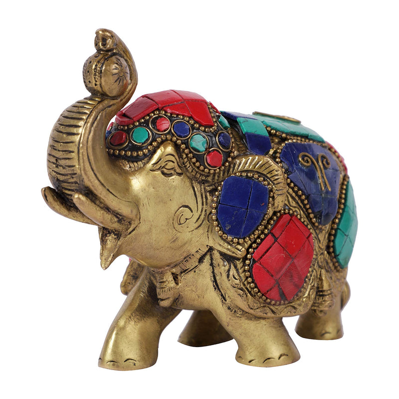 Two Moustaches Maharaja Elephant Gemstone Brass Showpiece - 4 Inches