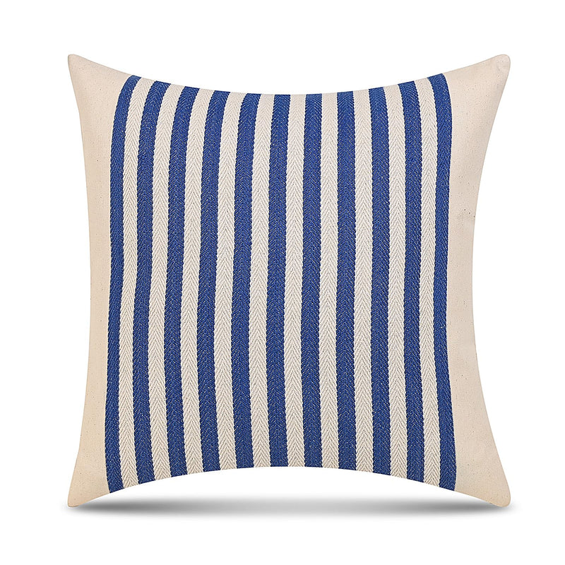 Anwyn 100% Cotton Pack of 7 Mix n Match Cushion Covers II Beige & Blue Stripes II Plain Cushion Cover with Lace