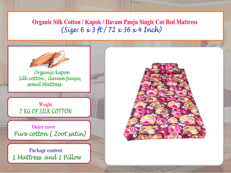 Flamo Mattress Organic Kapok Silk Cotton Ilavam Panju Single Cot Sleeping Bed Mattress (6 x 3 ft / 72 x 36 x 4 Inch) Multicolor.