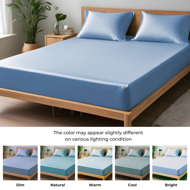 LINENWALAS 100% Organic Vegan Bamboo Silk Fitted Bedsheet for King Bed Size with Pillow Cover, Soft Smooth Hotel Quality Premium Bottom Sheets for Summer (78x72 Inch, Bahamas Blue)