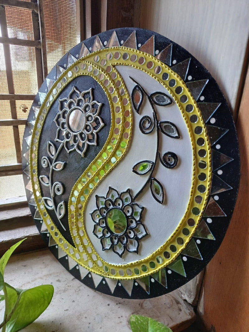 Decorative Item on MDF Board with Mouldit Clay, Acrylic Paint, Mirrors Wall Decor (Yin and Yang Symbol, 12 Inch)