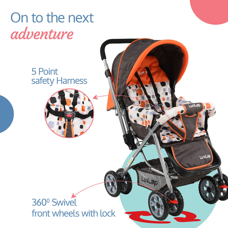 LuvLap Sunshine Baby Stroller / Pram for 0 to 3 Years, New Born / Toddler / Kid, 5 Point Safety Harness, Adjustable backrest, 360° Swivel Wheel, Large storage basket, Reversible Handlebar (Orange)