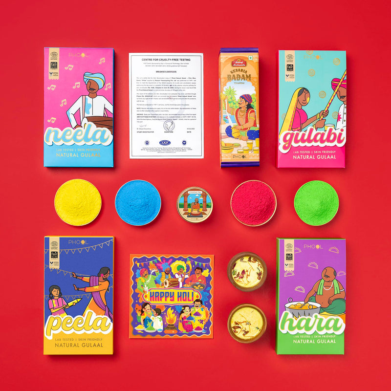 Phool Vrindavan Holi Gulal Collection 4 Vibrant Natural Gulaal Colors with Mishrambu Kesaria Thandai, Chandan Tika, & Holi Greeting Card Premium Holi gulal box Holi colours